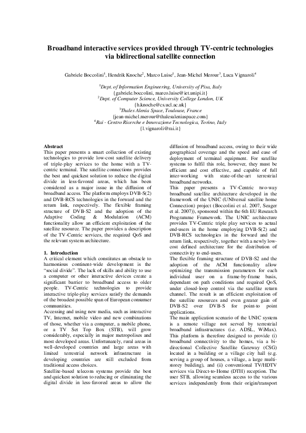 First page of “Broadband interactive services provided through TV-centric technologies via bidirectional satellite connection”