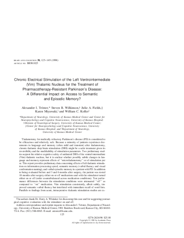 First page of “Chronic Electrical Stimulation of the Left Ventrointermediate (Vim) Thalamic Nucleus for the Treatment of Pharmacotherapy-Resistant Parkinson's Disease: A Differential Impact on Access to Semantic and Episodic Memory?”