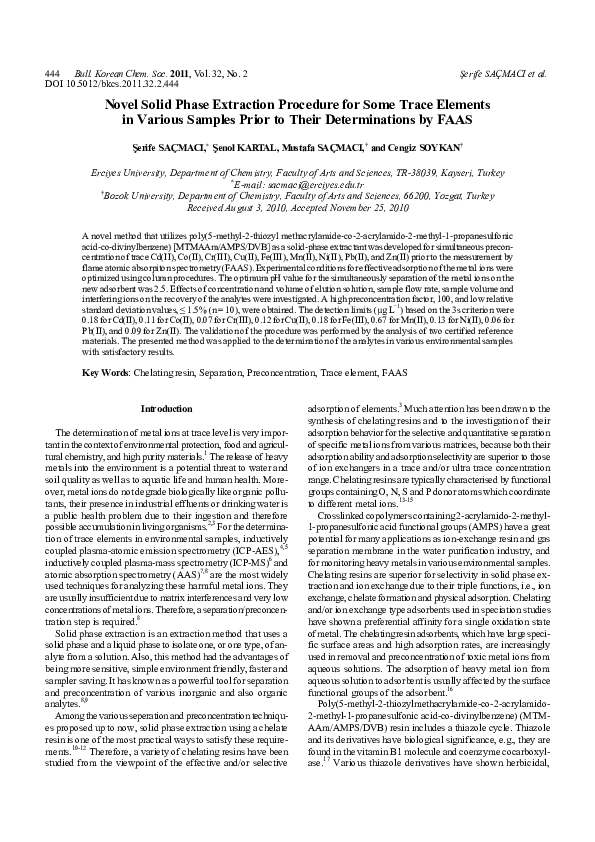 First page of “Novel Solid Phase Extraction Procedure for Some Trace Elements in Various Samples Prior to Their Determinations by FAAS”