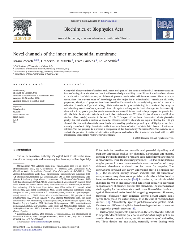 First page of “Novel channels of the inner mitochondrial membrane”