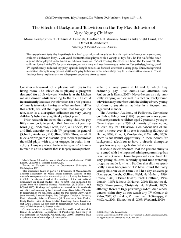 First page of “SCHMIDT M.E. et al., « The effects of background television on the toy play behavior of very young children », Child Dev., no 79, 2008, p. 1137 et passim.”