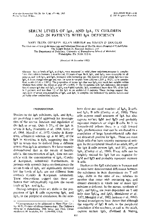 First page of “Serum levels of IgA1 and IgA2 in children and in patients with IgA deficiency”