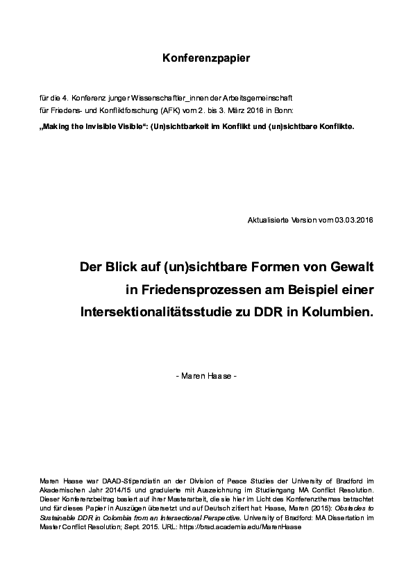 First page of “Der Blick auf (un)sichtbare Formen von Gewalt in Friedensprozessen am Beispiel einer Intersektionalitätsstudie zu DDR in Kolumbien”