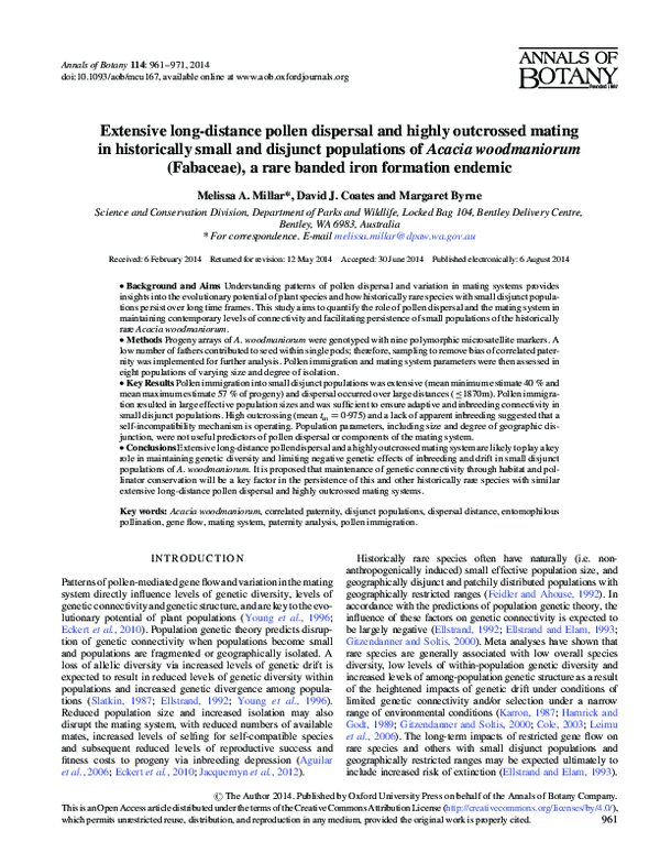 First page of “Extensive long-distance pollen dispersal and highly outcrossed mating in historically small and disjunct populations of Acacia woodmaniorum (Fabaceae), a rare banded iron formation endemic”