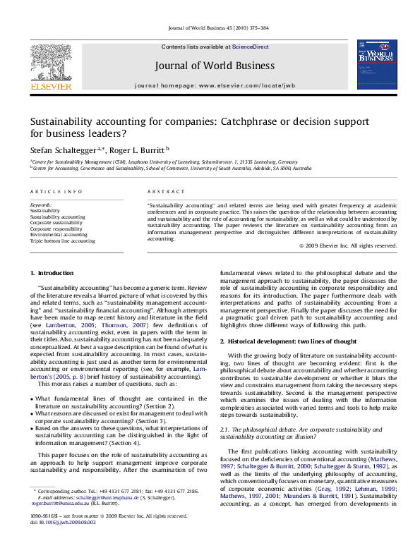 First page of “Sustainability accounting for companies: Catchphrase or decision support for business leaders”