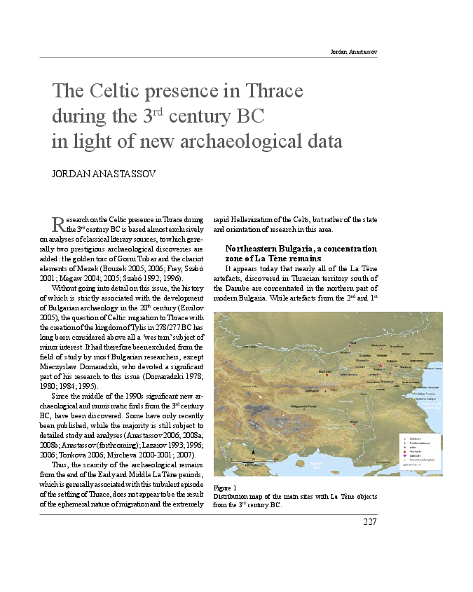 First page of “«The Celtic presence in Thrace during the 3rd century BC in the light of new archaeological data», In M. Guštin, M. Jevtić (Eds), The Eastern Celts. The Communities between the Alps and the Black See, Koper-Beograd, Univerza na Primorskem, Zalozba Annales, 2011, 227-239”