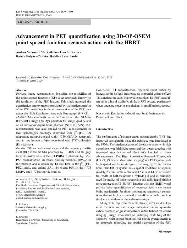 First page of “Advancement in PET quantification using 3D-OP-OSEM point spread function reconstruction with the HRRT”