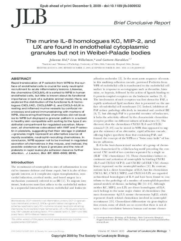 First page of “The murine IL-8 homologues KC, MIP-2, and LIX are found in endothelial cytoplasmic granules but not in Weibel-Palade bodies”