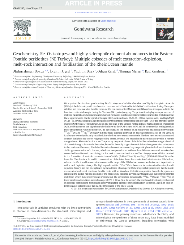 First page of “Geochemistry, Re–Os isotopes and highly siderophile element abundances in the Eastern Pontide peridotites (NE Turkey): Multiple episodes of melt extraction–depletion, melt–rock interaction and fertilization of the Rheic Ocean mantle”