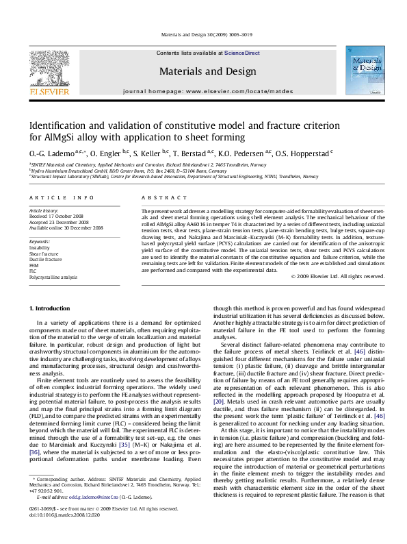 First page of “Identification and validation of constitutive model and fracture criterion for AlMgSi alloy with application to sheet forming”