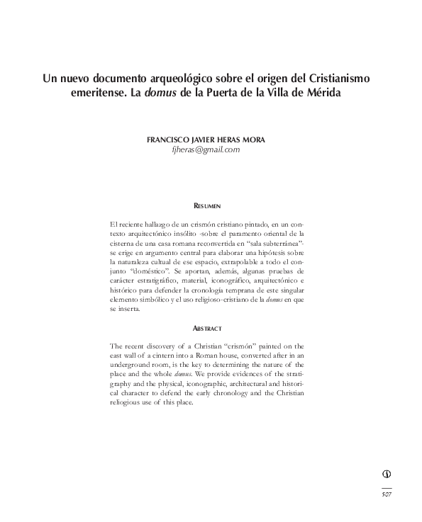 First page of “Un nuevo documento arqueológico sobre el Cristianismo emeritense. La Domus de la Puerta de la Villa”