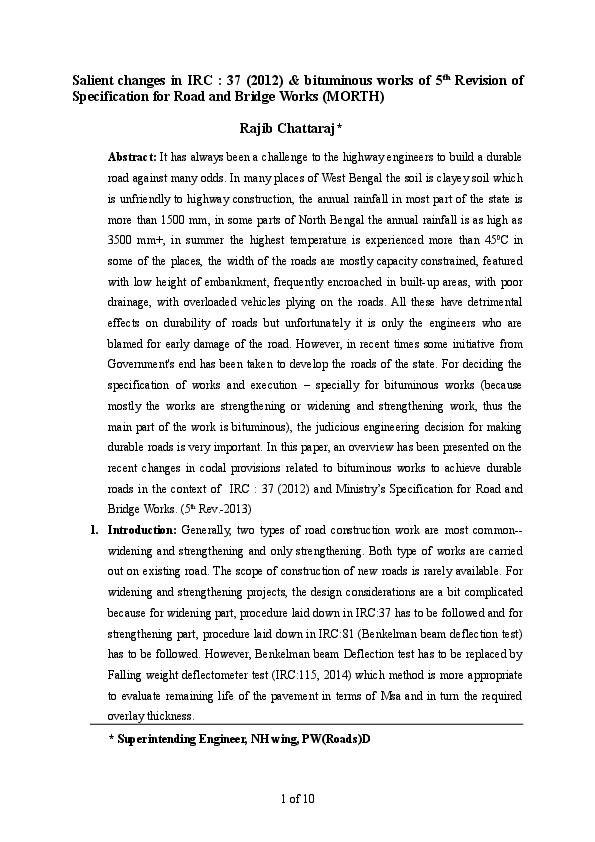 First page of “Salient changes in IRC : 37 (2012) & bituminous works of 5 th Revision of Specification for Road and Bridge Works (MORTH”
