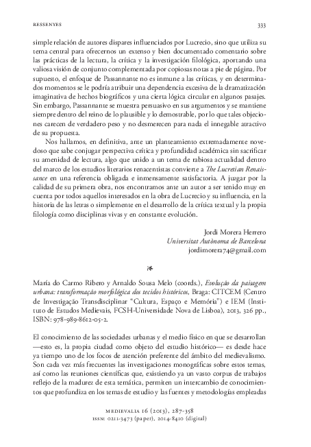 First page of “María do Carmo Ribero y Arnaldo Sousa Melo (coords.): Evolução da paisagem urbana: transformação morfológica dos tecidos históricos	”