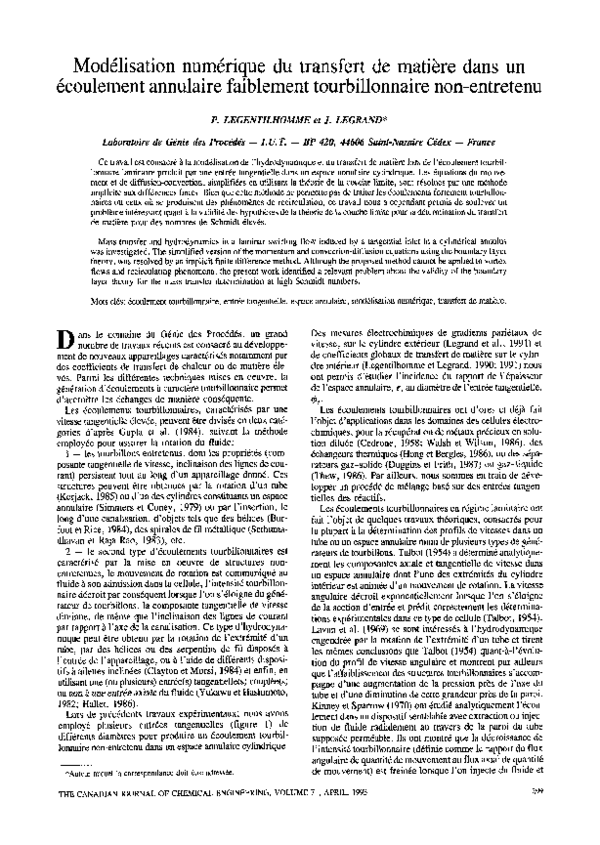 First page of “Modélisation numérique du transfert de matière dans un écoulement annulaire faiblement tourbillonnaire non-entretenu”