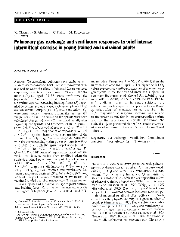 First page of “Pulmonary gas exchange and ventilatory responses to brief intense intermittent exercise in young trained and untrained adults”