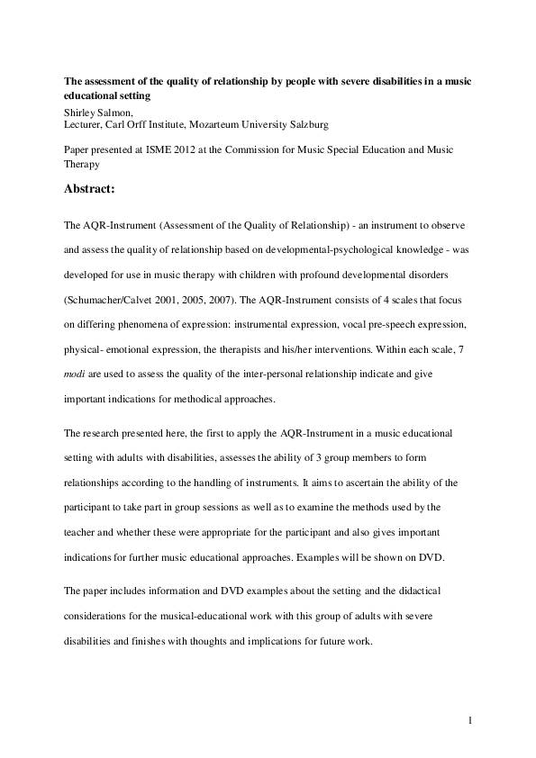 First page of “The assessment of the quality of relationship by people with severe disabilities in a music educational setting”