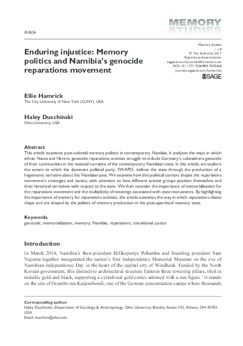 First page of “Enduring Injustice: Memory Politics and Namibia's Genocide Reparations Movement”