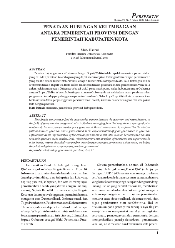 First page of “PENATAAN HUBUNGAN KELEMBAGAAN ANTARA PEMERINTAH PROVINSI DENGAN PEMERINTAH KABUPATEN/KOTA”