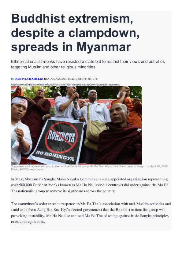 First page of “'Buddhist Extremism, Despite a Clampdown, Spreads in Myanmar' - Asia Times”