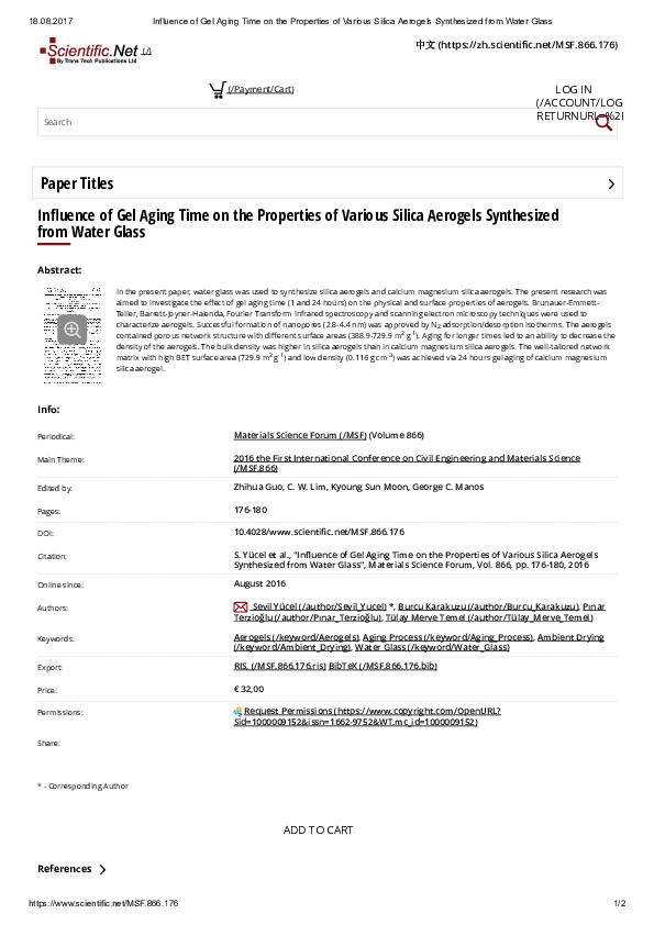 First page of “Inuence of Gel Aging Time on the Properties of Various Silica Aerogels Synthesized from Water Glass 2 2 -1 2 -1 -3”