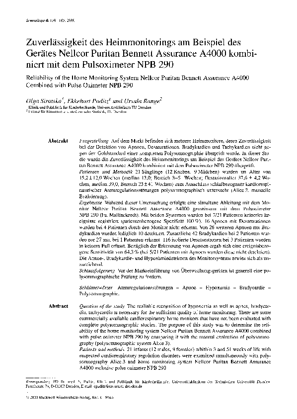 First page of “Zuverlässigkeit des Heimmonitorings am Beispiel des Gerätes Nellcor Puritan Bennett Assurance A4000 kombiniert mit dem Pulsoximeter NPB 290”