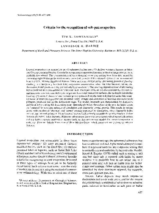 First page of “Criteria for the recognition of salt-pan evaporites”