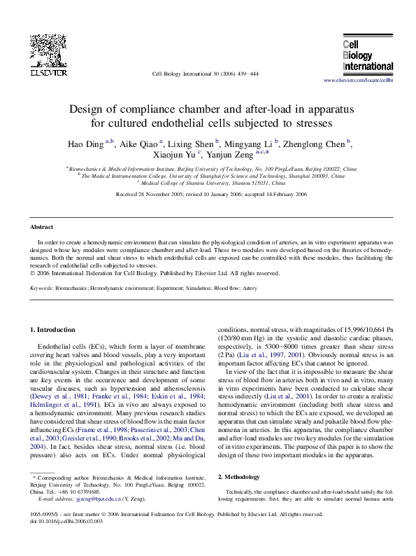 First page of “Design of compliance chamber and after-load in apparatus for cultured endothelial cells subjected to stresses”