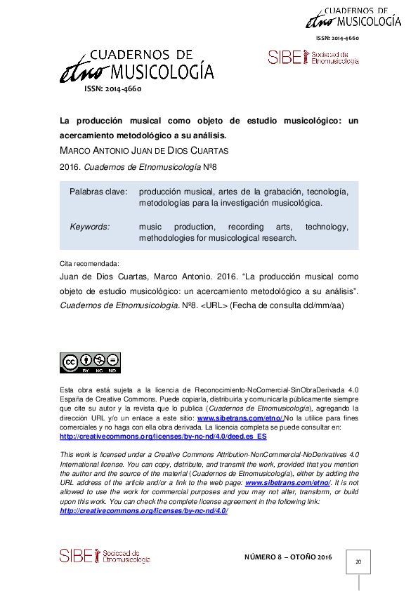 First page of “La producción musical como objeto de estudio musicológico: un acercamiento metodológico a su análisis”