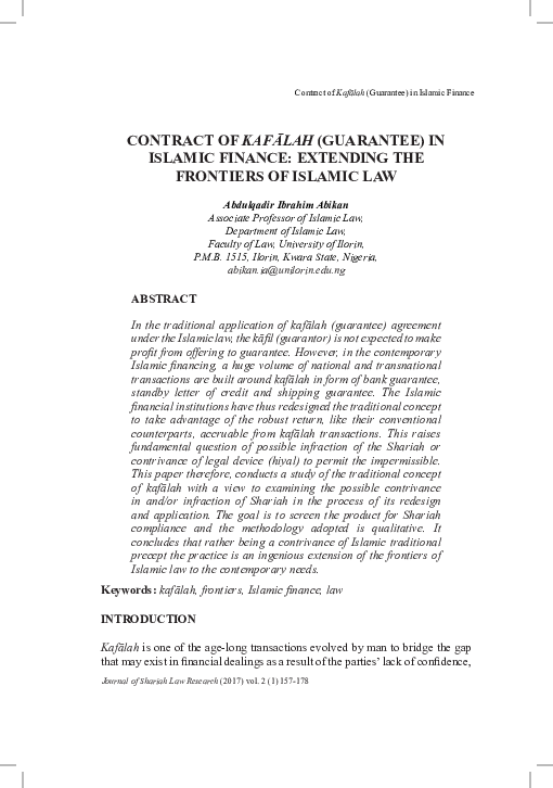 First page of “CONTRACT OF KAFĀLAH (GUARANTEE) IN ISLAMIC FINANCE: EXTENDING THE FRONTIERS OF ISLAMIC LAW”