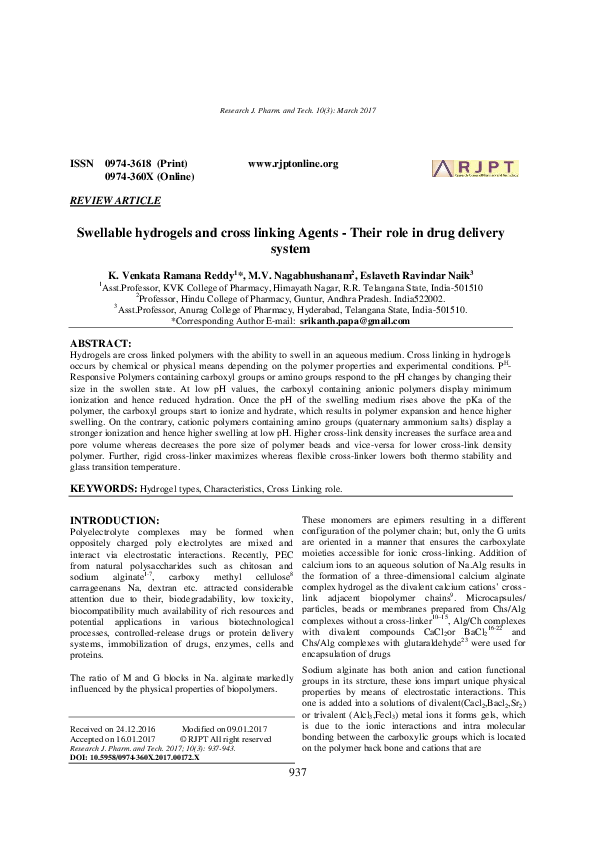 First page of “Swellable hydrogels and cross linking Agents -Their role in drug delivery system”