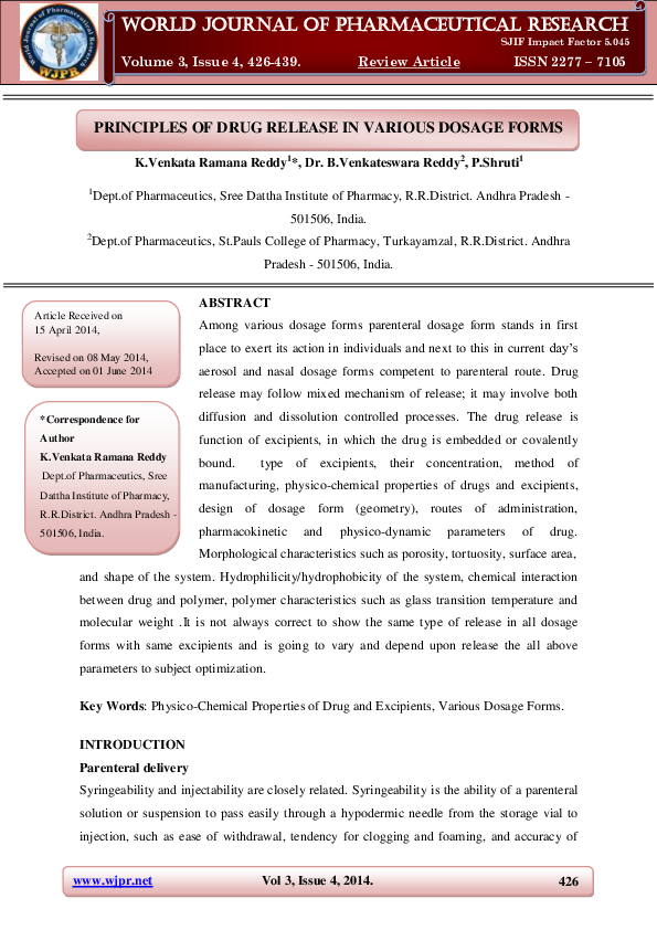 First page of “PRINCIPLES OF DRUG RELEASE IN VARIOUS DOSAGE FORMS”