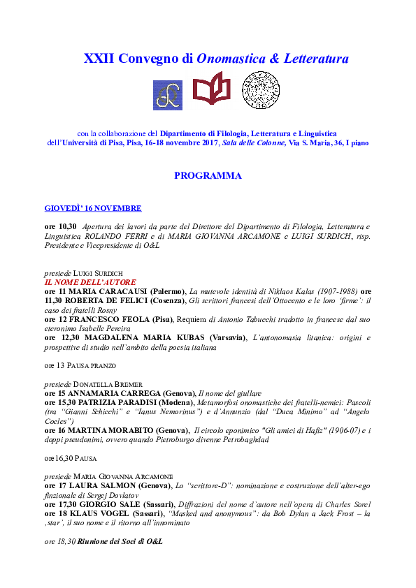 First page of “Il nome del viator tra attesa ed elusione. Isotopie dell’autonominatio nella Commedia dantesca, Pisa, 17 novembre 2017, XXII Convegno di Onomastica & Letteratura”