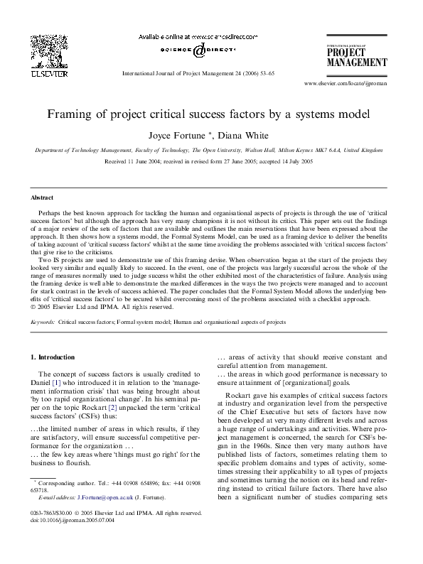 First page of “Framing of project critical success factors by a systems model”