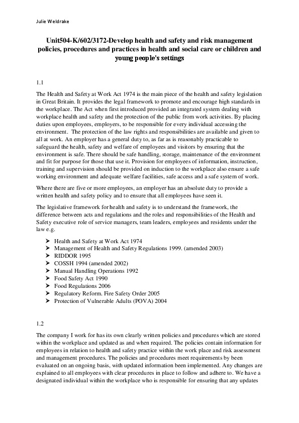 First page of “Unit504.docx Develop health and safety and risk management policies, procedures and practices in health and social care or children and young people’s settings”
