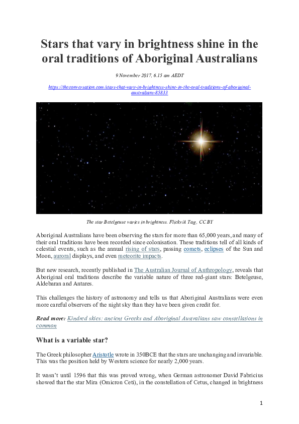 First page of “Stars that vary in brightness shine in the oral traditions of Aboriginal Australians”