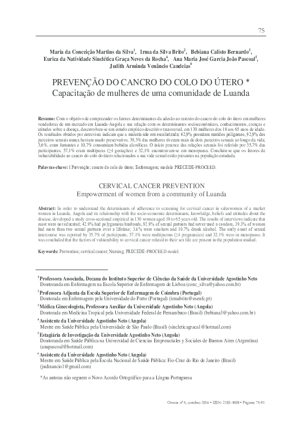 First page of “PREVENÇÃO DO CANCRO DO COLO DO ÚTERO Capacitação de mulheres de uma comunidade de Luanda”