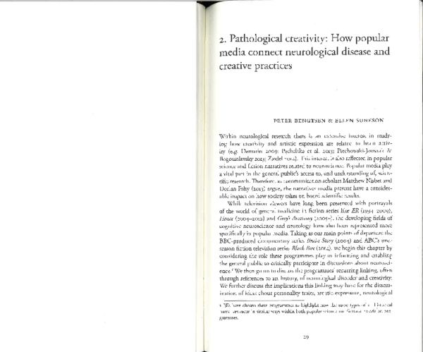 First page of “Bengtsen, P. & Suneson, E. (2017). Pathological creativity: How popular media connect neurological disease and creative practices.”