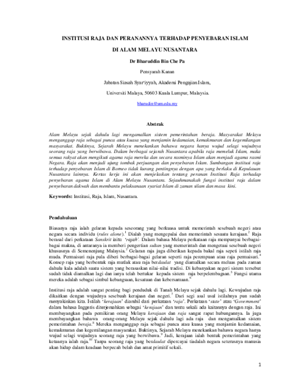 First page of “INSTITUSI RAJA DAN PERANANNYA TERHADAP PENYEBARAN ISLAM DI ALAM MELAYU NUSANTARA”