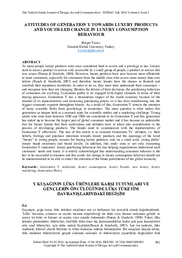 First page of “ATTITUDES OF GENERATION Y TOWARDS LUXURY PRODUCTS AND YOUTH-LED CHANGE IN LUXURY CONSUMPTION BEHAVIOUR Y KUŞAĞININ LÜKS ÜRÜNLERE KARŞI TUTUMLARI VE GENÇLERİN ÖNCÜLÜĞÜNDE LÜKS TÜKETİM DAVRANIŞLARINDAKİ DEĞİŞİM”