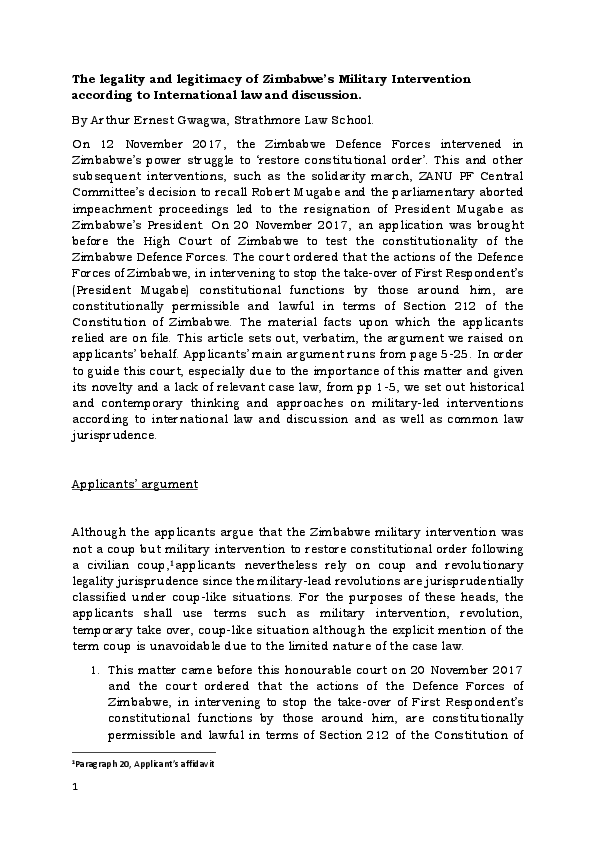 First page of “The legality and legitimacy of Zimbabwe's Military Intervention according to International law and discussion”