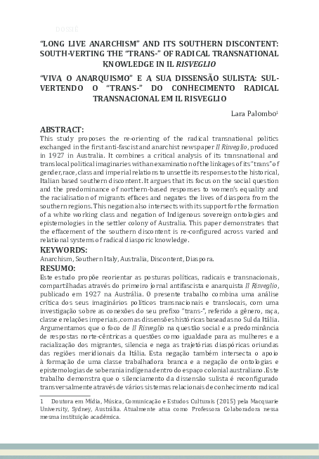 First page of ““LONG LIVE ANARCHISM” AND ITS SOUTHERN DISCONTENT: SOUTH-VERTING THE “TRANS-” OF RADICAL TRANSNATIONAL KNOWLEDGE IN IL RISVEGLIO”