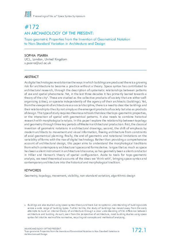 First page of “An Archaology of the Present:Topo-geometric Properties from the Invention of Geometrical Notation to Non-Standard Variation in Architecture and Design”