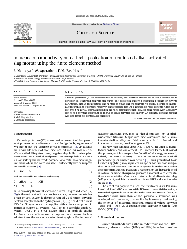 First page of “Influence of conductivity on cathodic protection of reinforced alkali-activated slag mortar using the finite element method”