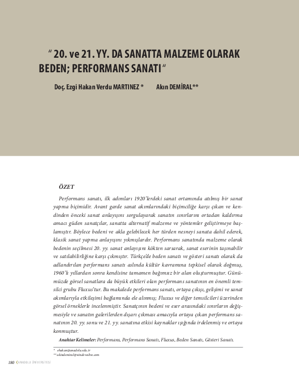 First page of “20. ve 21. YY. DA SANATTA MALZEME OLARAK BEDEN; PERFORMANS SANATI”