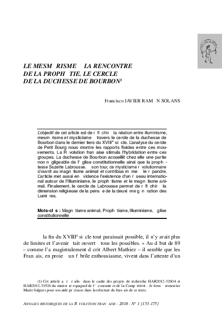 First page of “LE MESMÉRISME À LA RENCONTRE DE LA PROPHÉTIE. LE CERCLE DE LA DUCHESSE DE BOURBON”