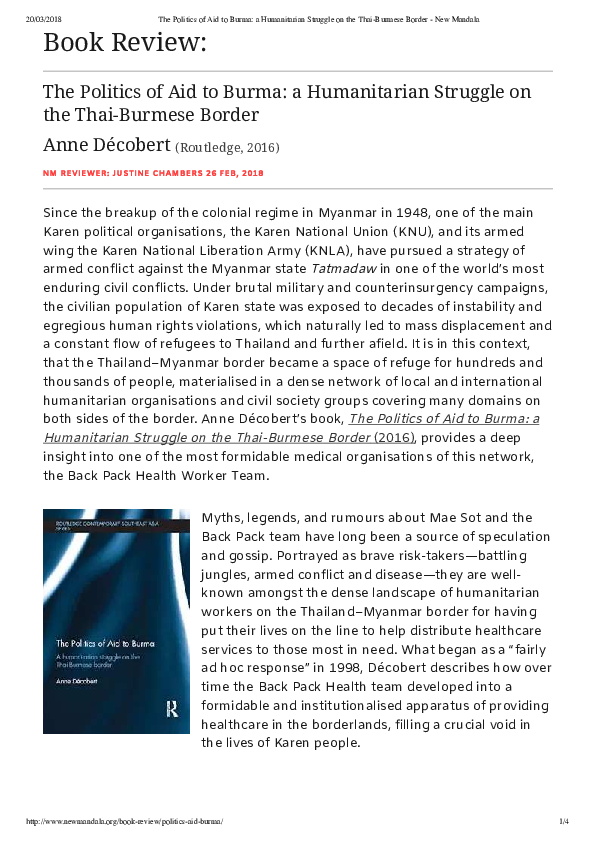 First page of “Book review: 'The Politics of Aid to Burma: A Humanitarian Struggle on the Thai Burmese Border' New Mandala”