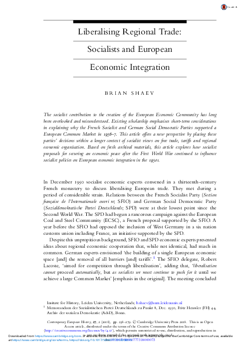 First page of “Liberalising Regional Trade: Socialists and European Economic Integration (Contemporary European History, May 2018)”