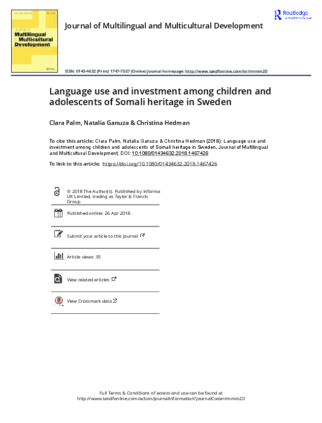 First page of “Language use and investment among children and adolescents of Somali heritage in Sweden. Journal of Multilingual & Multicultural Development, 40, 1, 64–75.  DOI: 10.1080/01434632.2018.1467426”