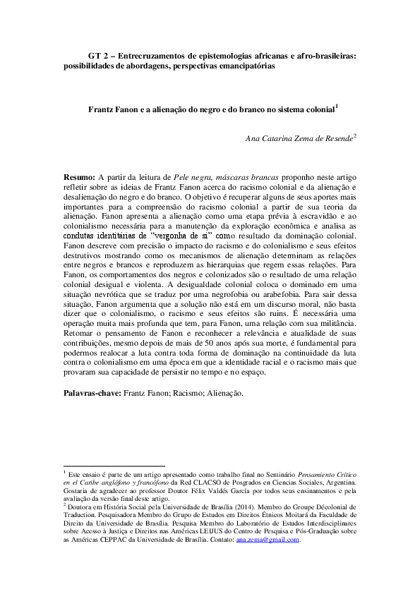 First page of “Frantz Fanon e a alienação do negro e do branco no sistema colonial”