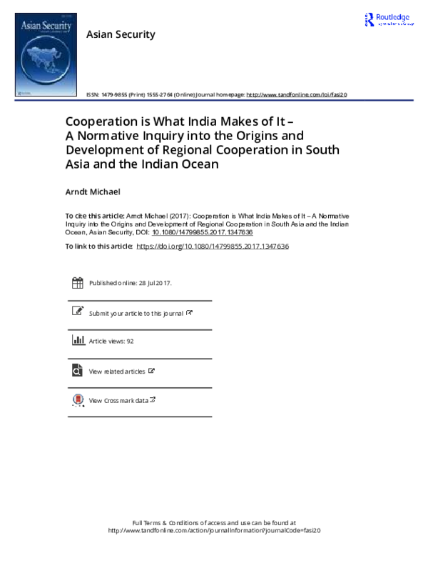 First page of “Cooperation is What India Makes of It – A Normative Inquiry into the Origins and Development of Regional Cooperation in South Asia and the Indian Ocean”